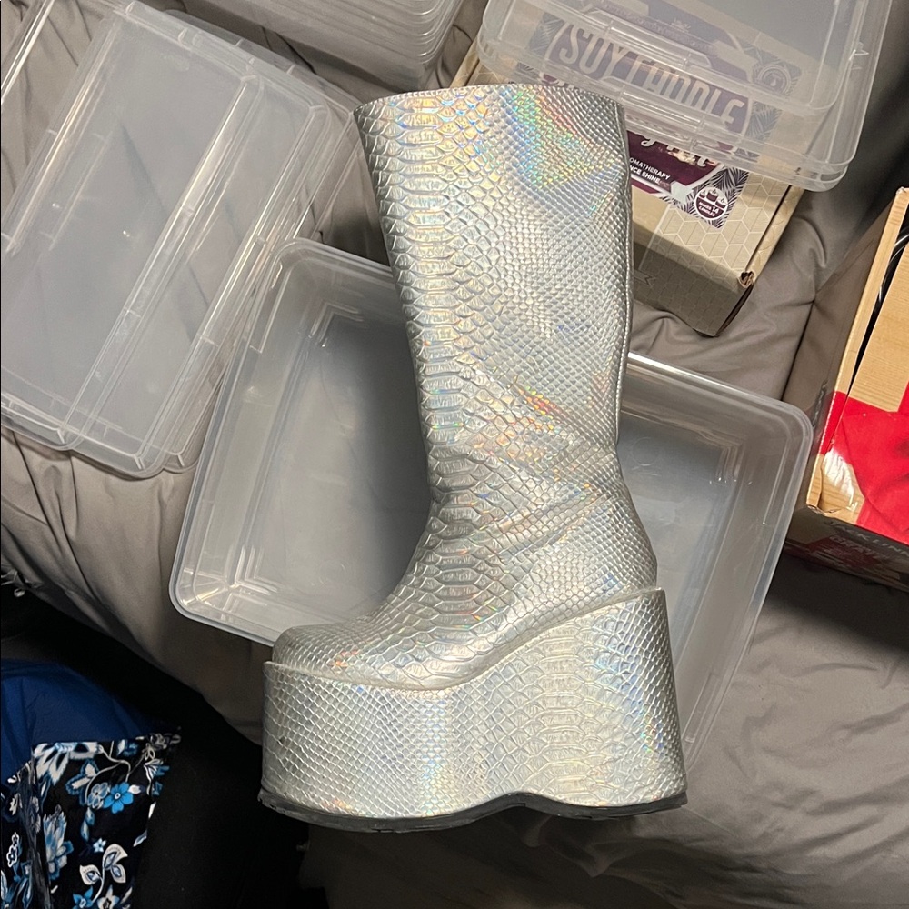 Silver Snakeskin Platform Boots